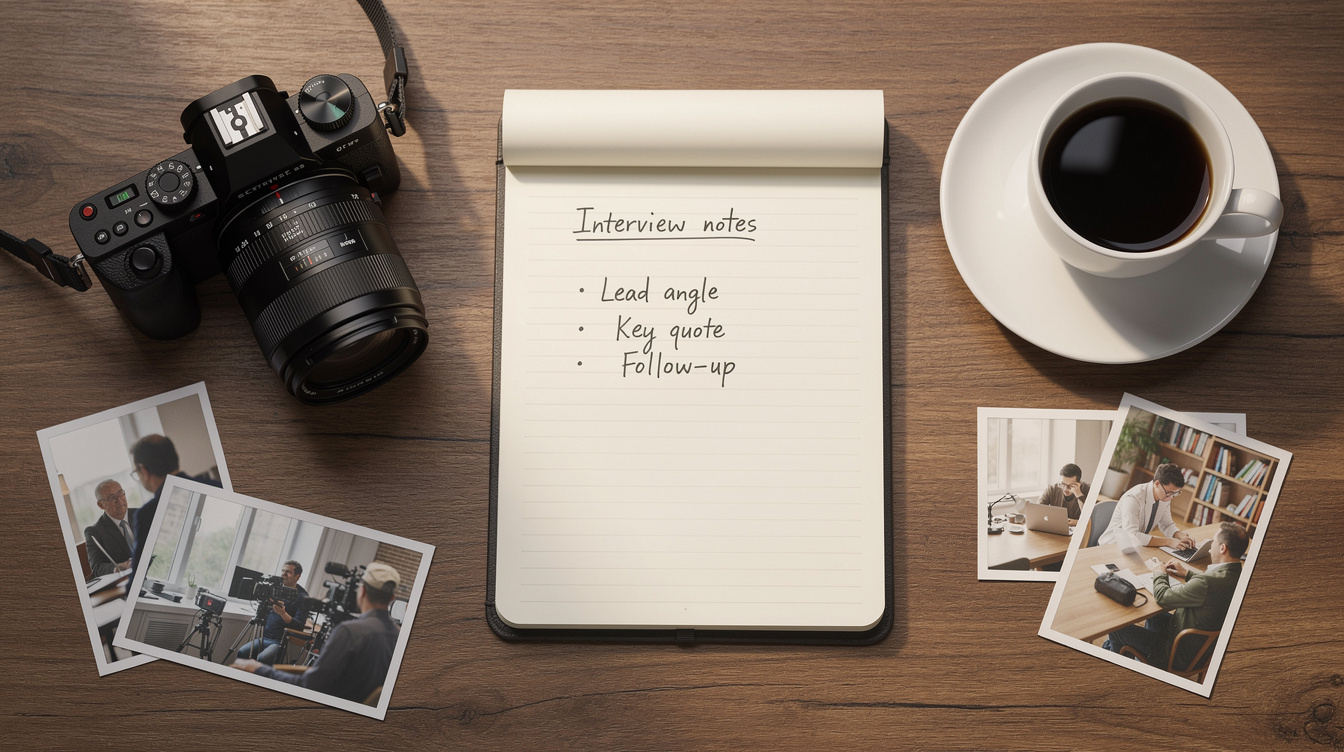 Journalist's desk with camera, notebook and coffee cup